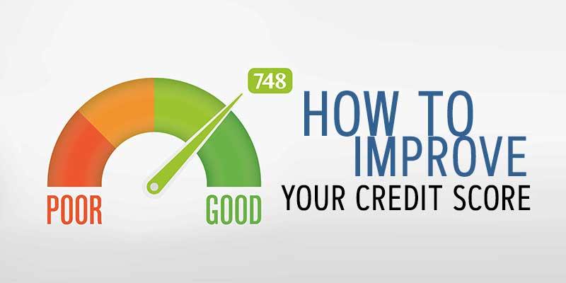 Gauge of credit ratings from poor to good with needle pointing to 748. "How to improve your credit score"